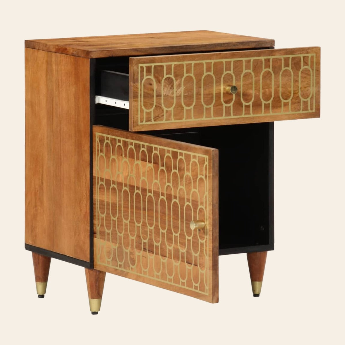 Table de chevet Lune Rousse ouverte : tiroir et compartiment derrière la porte