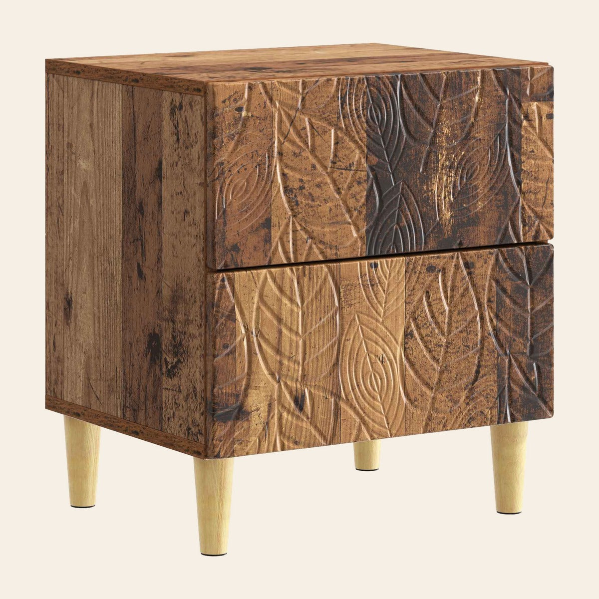 Table de chevet Songe en décor bois vieilli, deux tiroirs sculptés de feuilles, pieds en eucalyptus