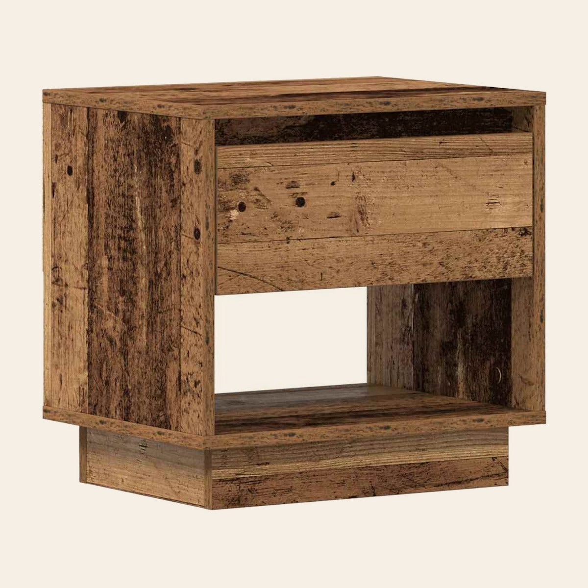Table de chevet Veilleuse en décor bois vieilli, tiroir et niche ouverte, socle en retrait