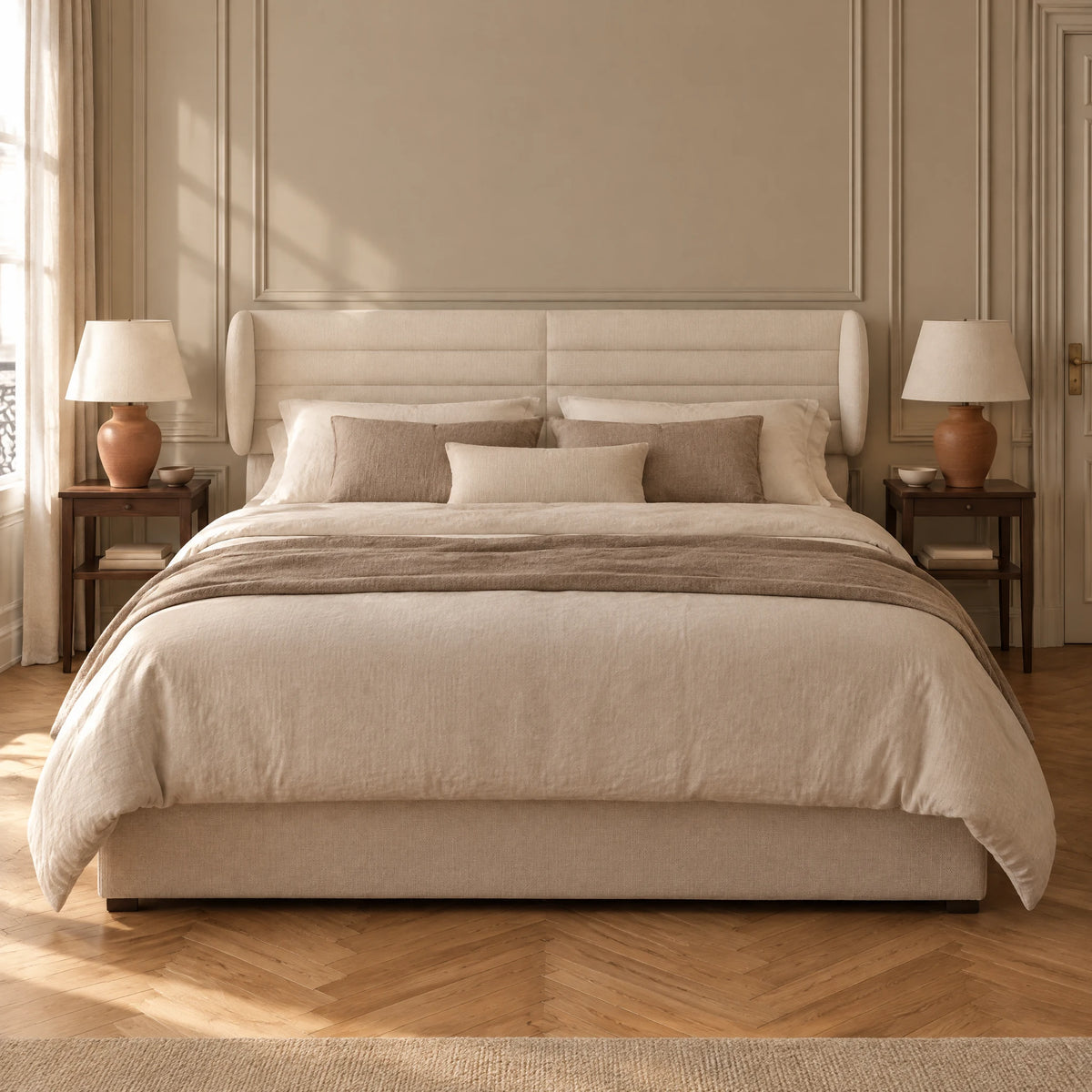 Tête de lit Bagatelle écru derrière un lit double, vue de face