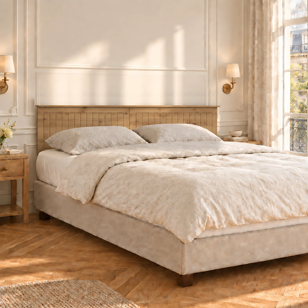 Tête de lit à poser Monceau finition chêne naturel dans une chambre parisienne