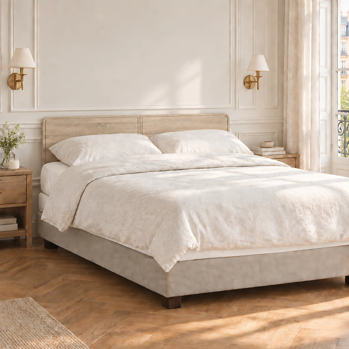 Tête de lit à poser Odéon finition chêne clair dans une chambre parisienne