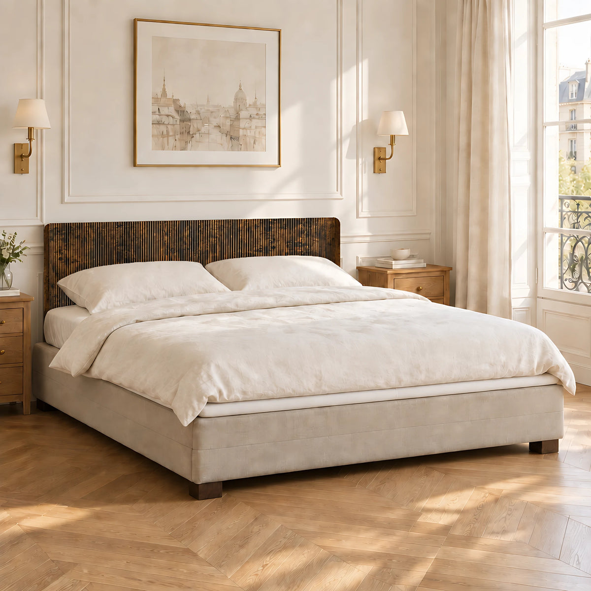 Tête de lit en bois à poser Vendôme, finition bois vieilli, dans une chambre parisienne