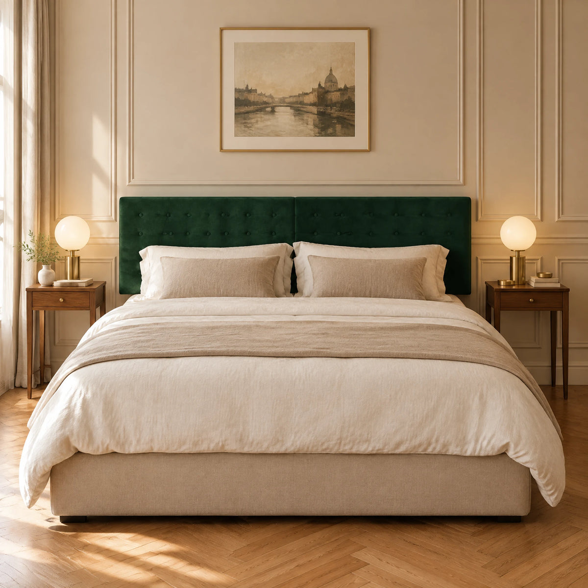 Tête de lit Dauphine vert sapin derrière un lit double, vue de face