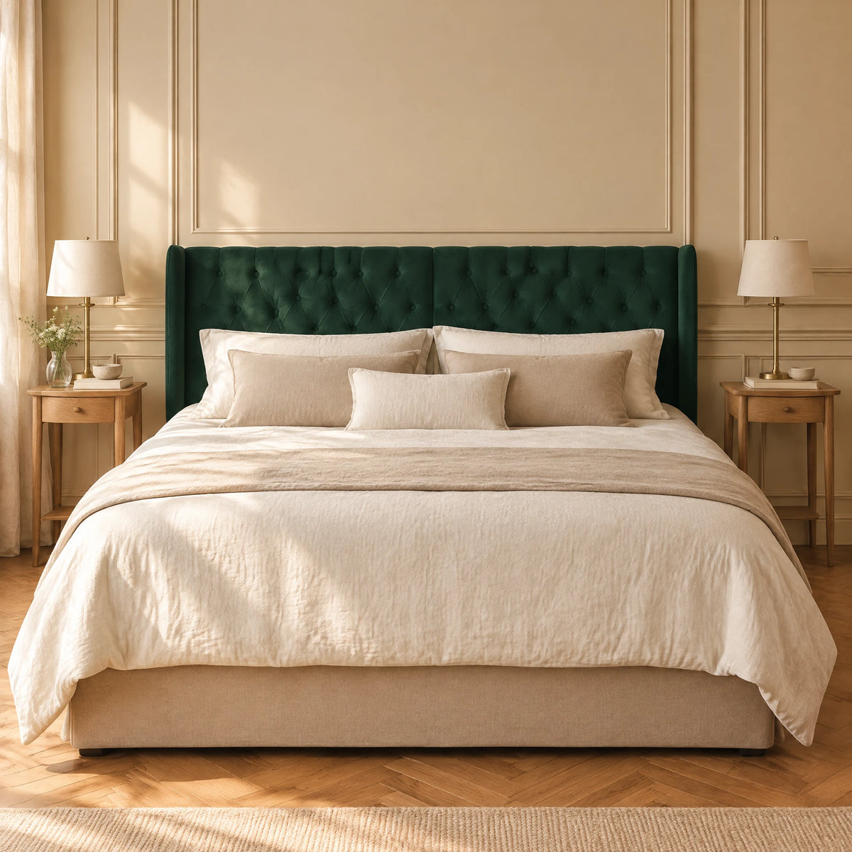 Tête de lit Montaigne vert sapin derrière un lit double, vue de face
