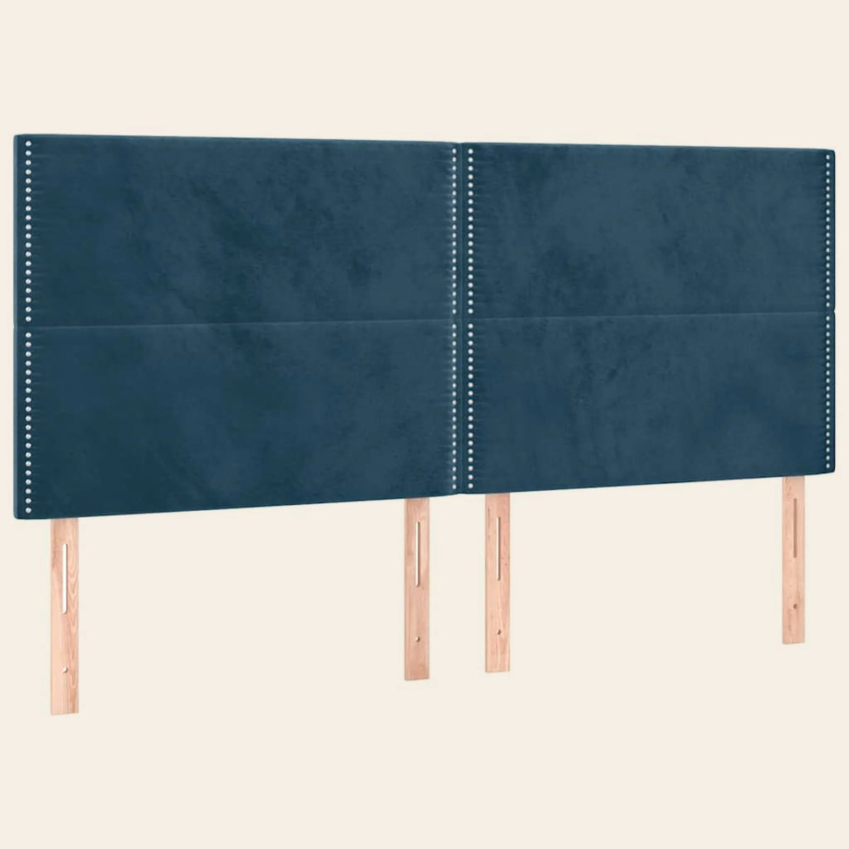Tête de lit haute cloutée en velours Matignon, coloris bleu canard, sur pieds en bois