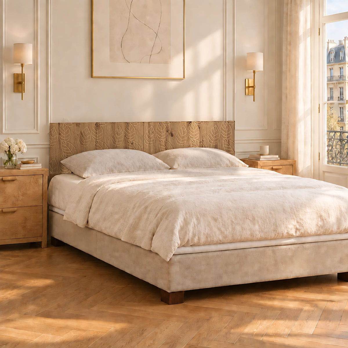 Tête de lit murale en bois Luxembourg, finition chêne naturel, dans une chambre parisienne