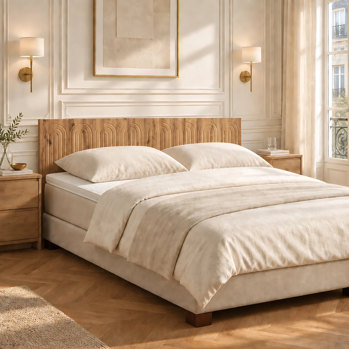 Tête de lit murale en bois Palais-Royal, finition chêne naturel, dans une chambre parisienne