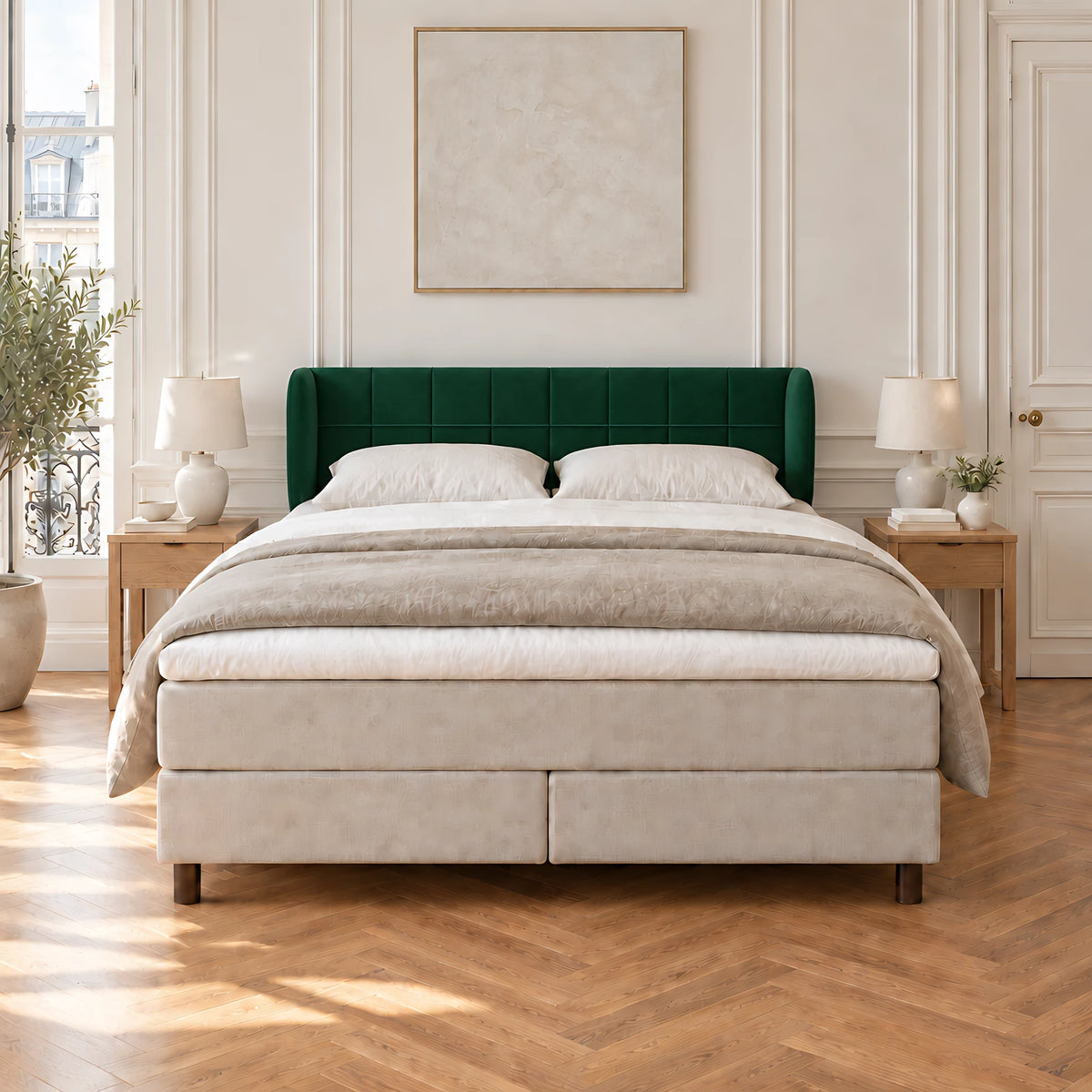 Tête de lit Passy vert sapin derrière un lit double, vue de face