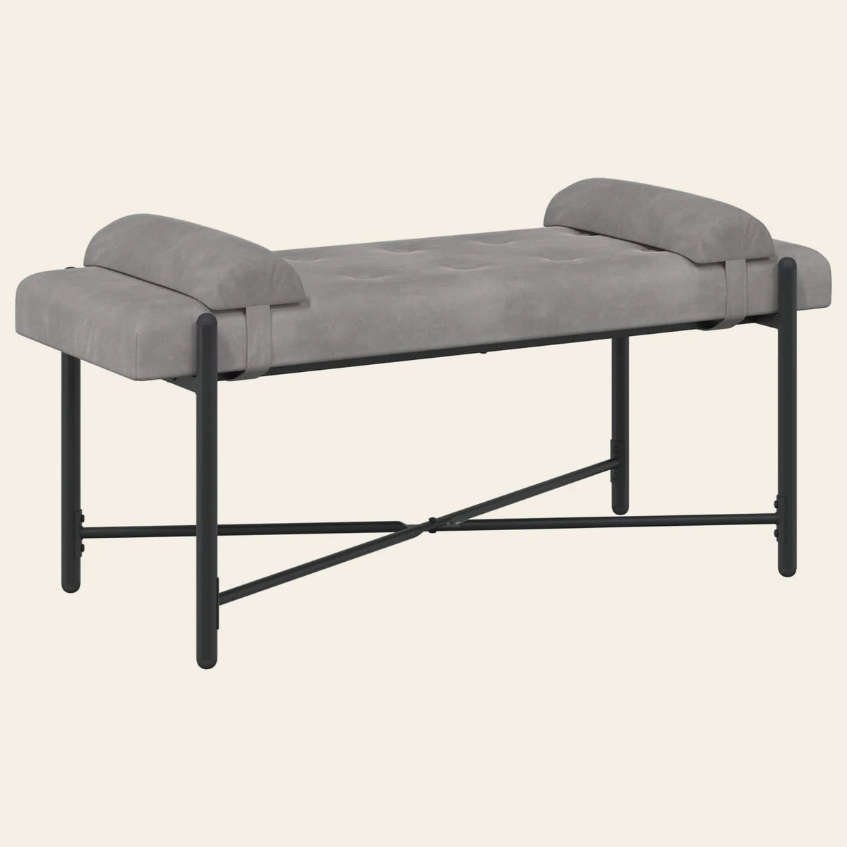 Banc de lit Jouffroy gris clair en velours capitonné, vue de trois quarts
