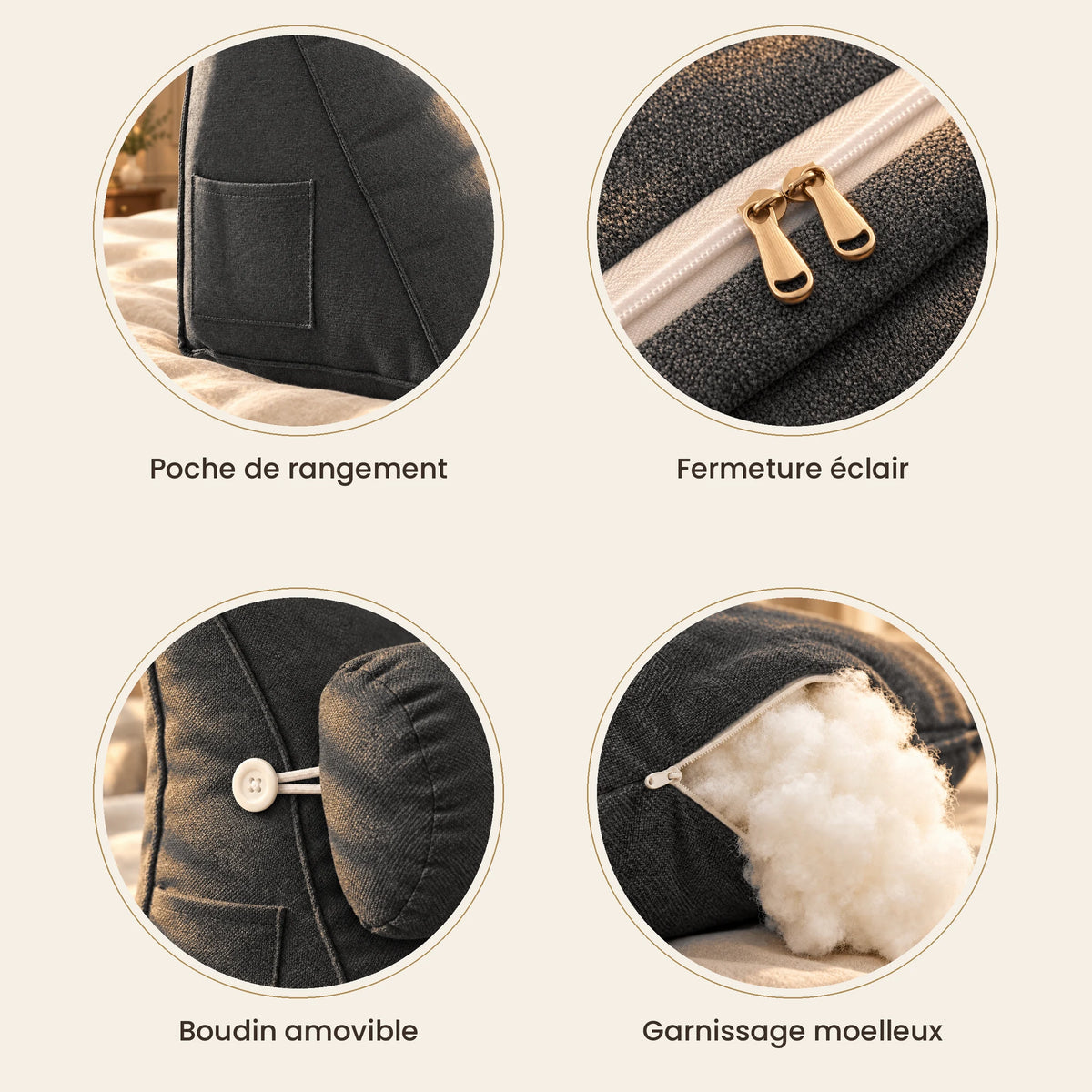 Détails du coussin Sorbonne : poche latérale, fermeture éclair, boudin amovible, garnissage moelleux