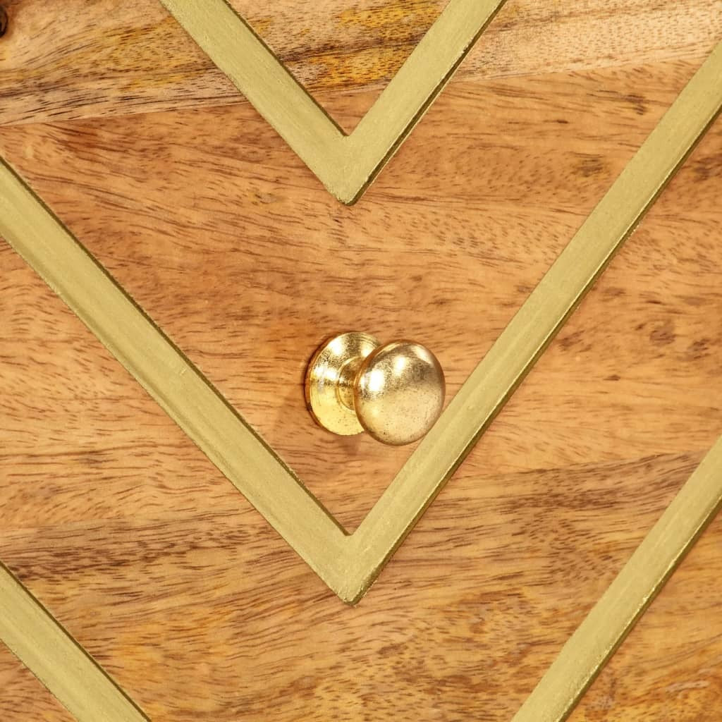 Gros plan des chevrons dorés et du bouton du tiroir de la table de chevet Luciole