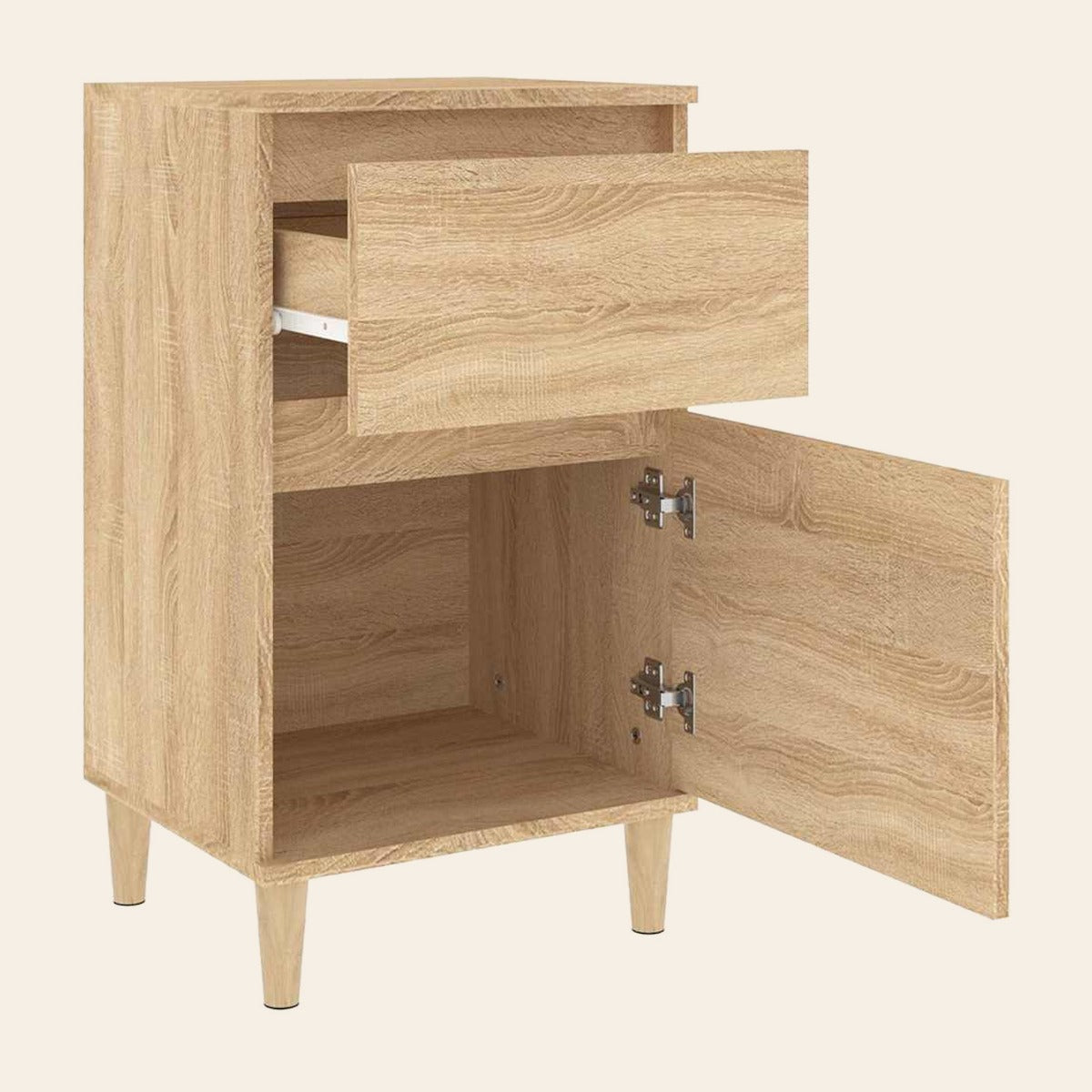 Table de chevet Nocturne ouverte : un tiroir et un placard fermé par une porte