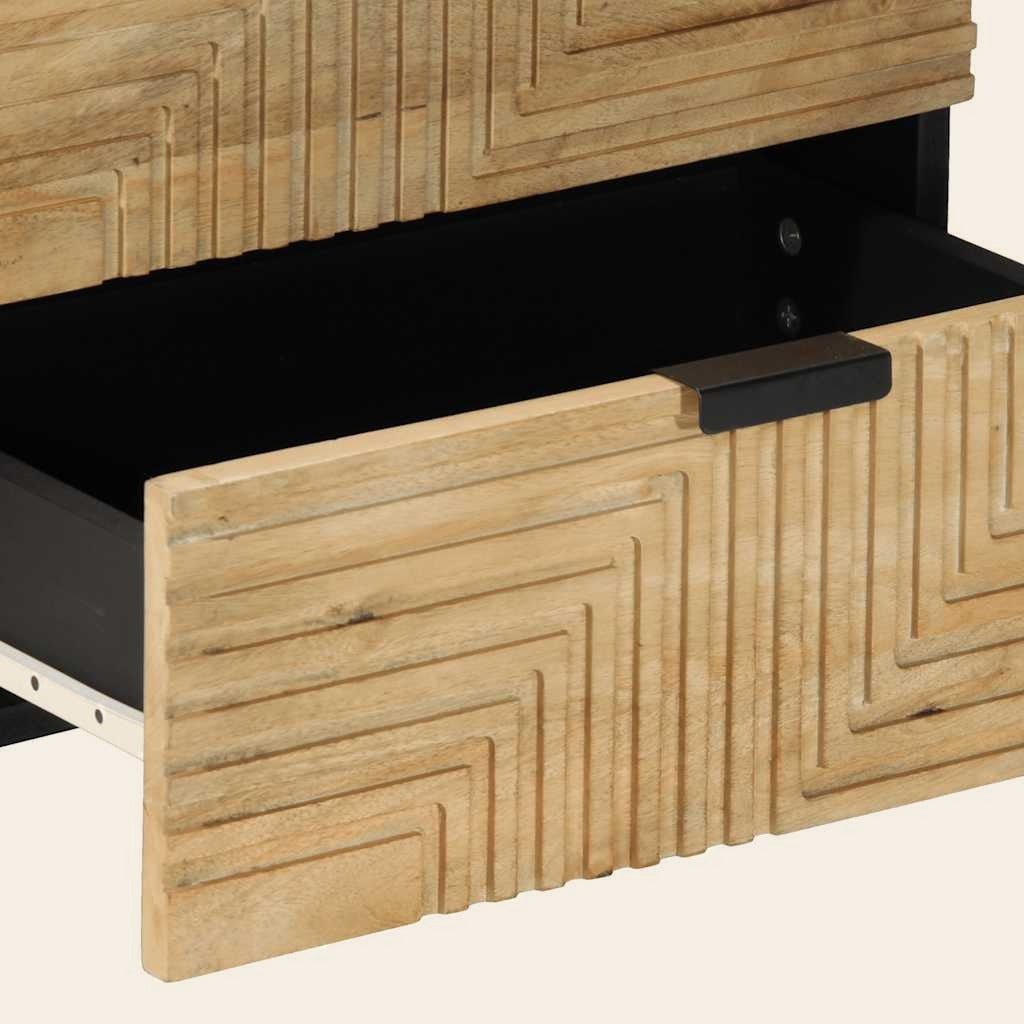 Gros plan des lignes gravées d'un tiroir de la table de chevet Sérénade