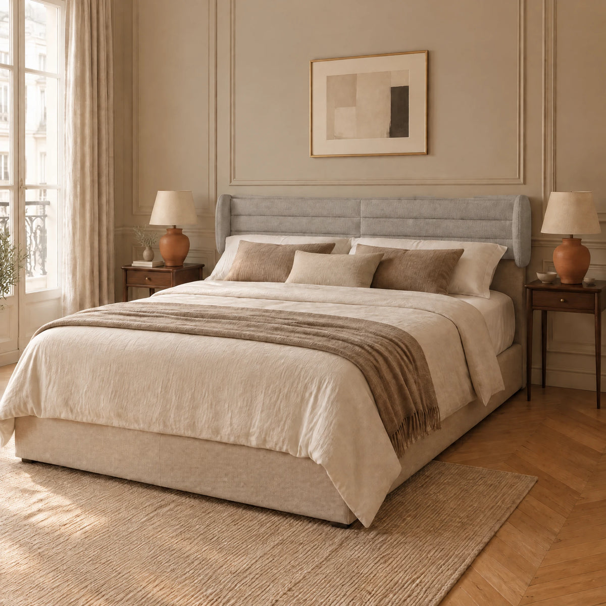 Tête de lit à oreilles en tissu Bagatelle gris clair dans une chambre parisienne