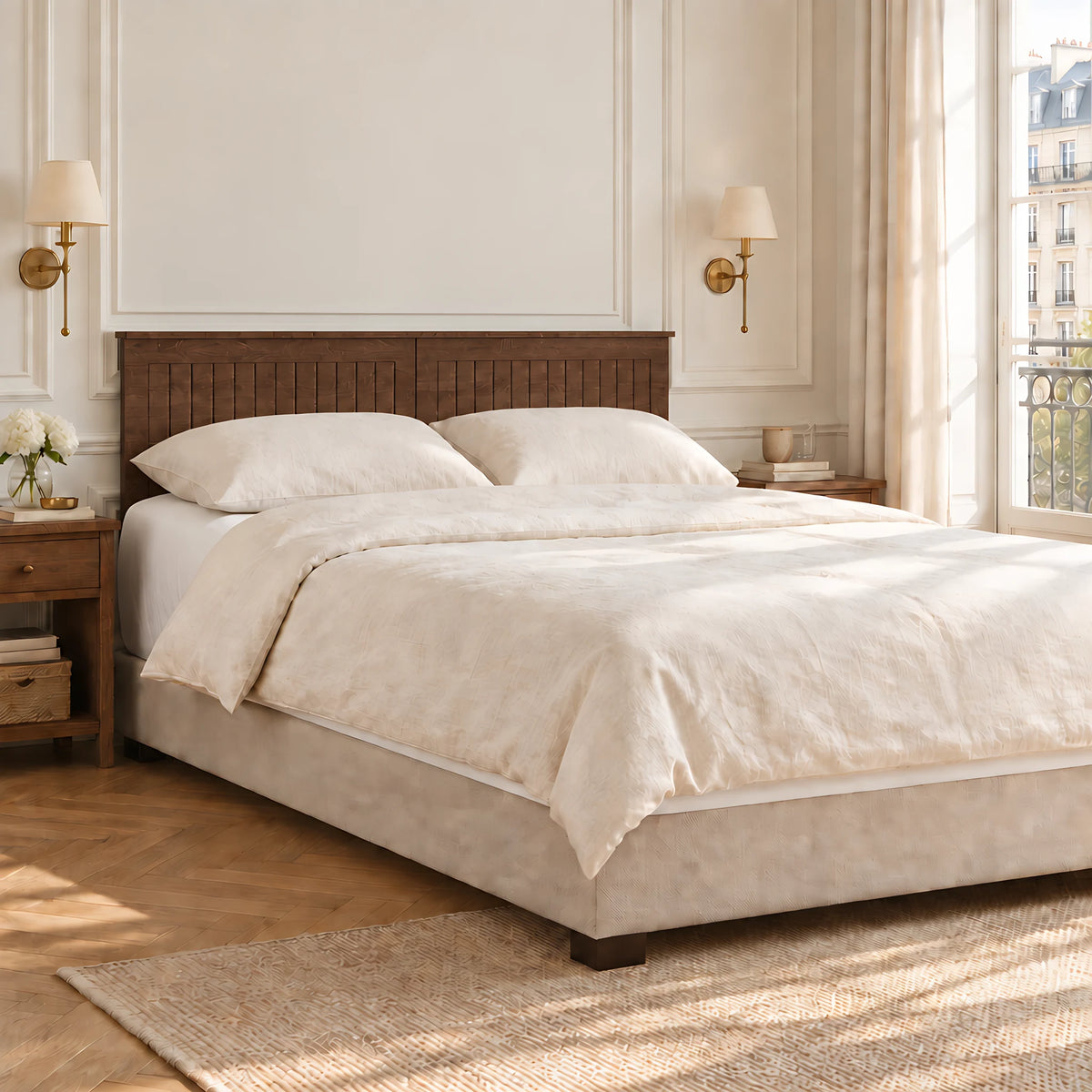 Tête de lit à poser Monceau finition chêne brun dans une chambre aux murs moulurés