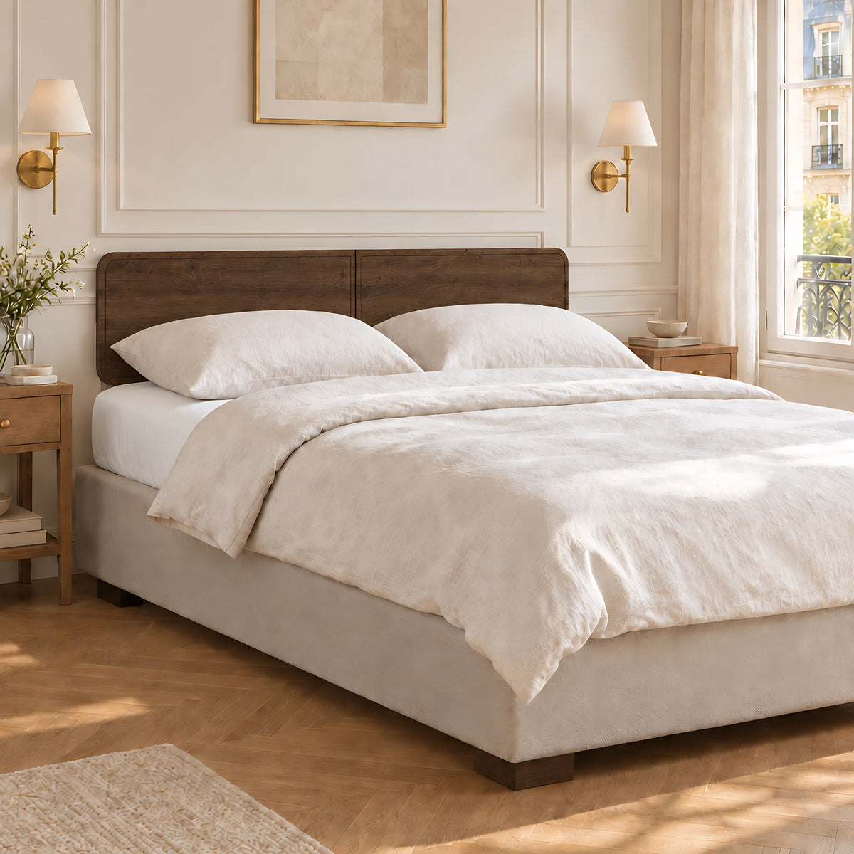 Tête de lit à poser Odéon finition chêne brun dans une chambre aux murs moulurés