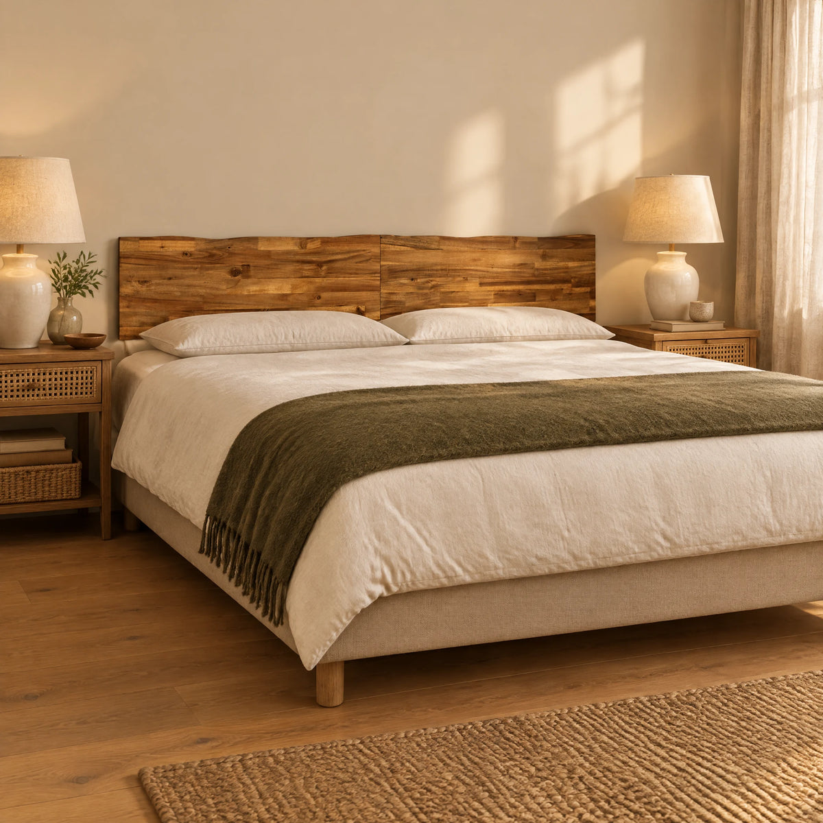 Tête de lit à poser Vincennes finition acacia naturel dans une chambre chaleureuse
