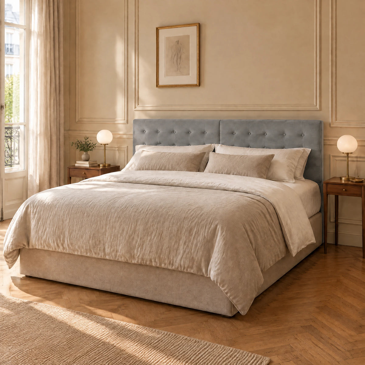 Tête de lit boutonnée en velours Dauphine gris clair dans une chambre parisienne