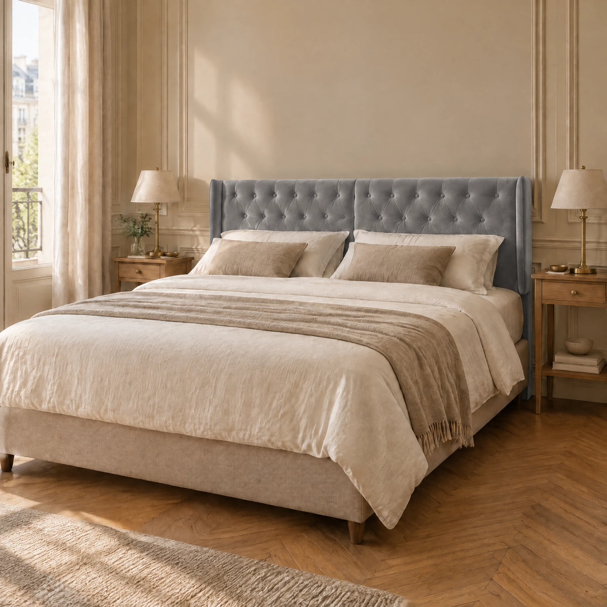 Tête de lit capitonnée à oreilles en velours Montaigne gris clair dans une chambre parisienne