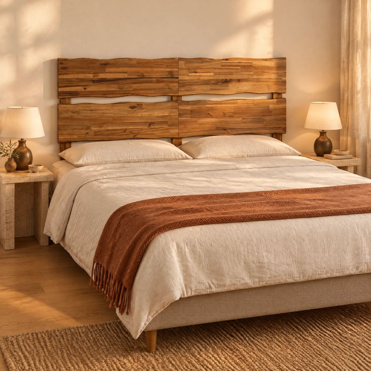 Tête de lit haute à poser Boulogne finition acacia naturel dans une chambre chaleureuse