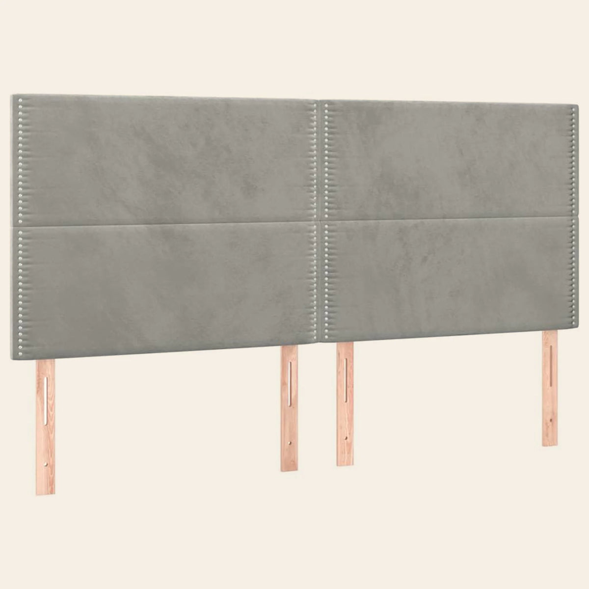 Tête de lit haute cloutée en velours Matignon, coloris gris clair, sur pieds en bois