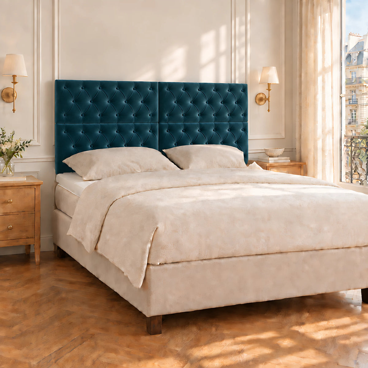 Tête de lit haute capitonnée en velours Concorde bleu canard dans une chambre parisienne