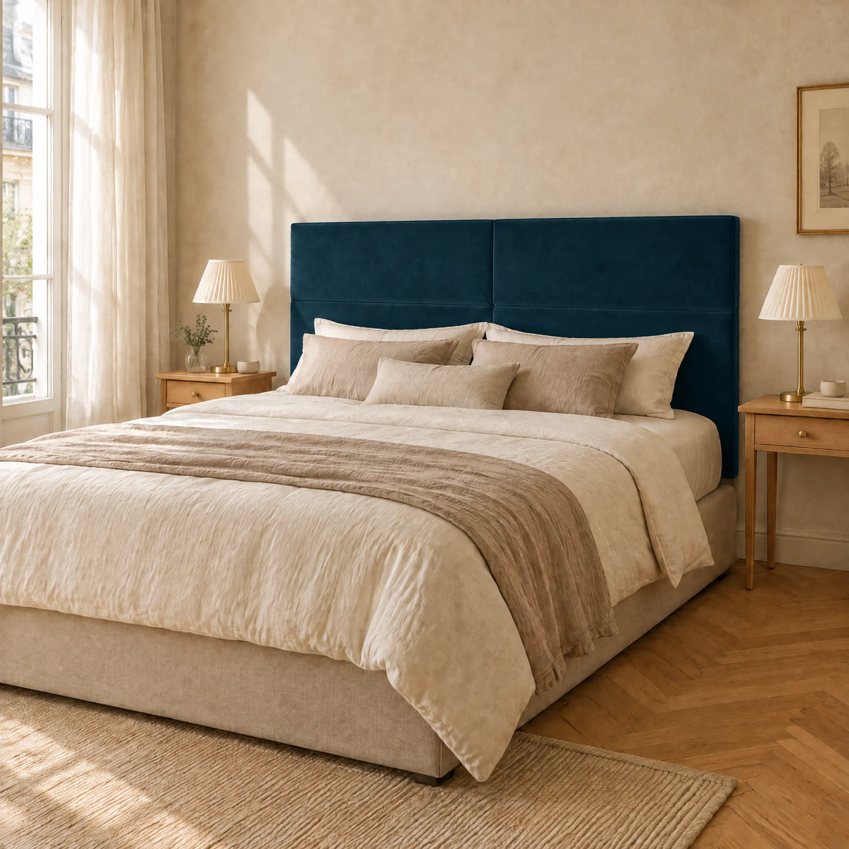 Tête de lit haute en velours lisse Châtelet bleu canard dans une chambre parisienne