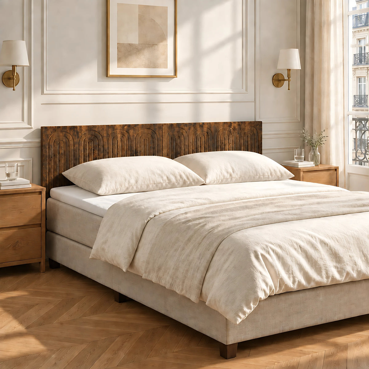 Tête de lit murale en bois Palais-Royal, finition bois vieilli, dans une chambre parisienne