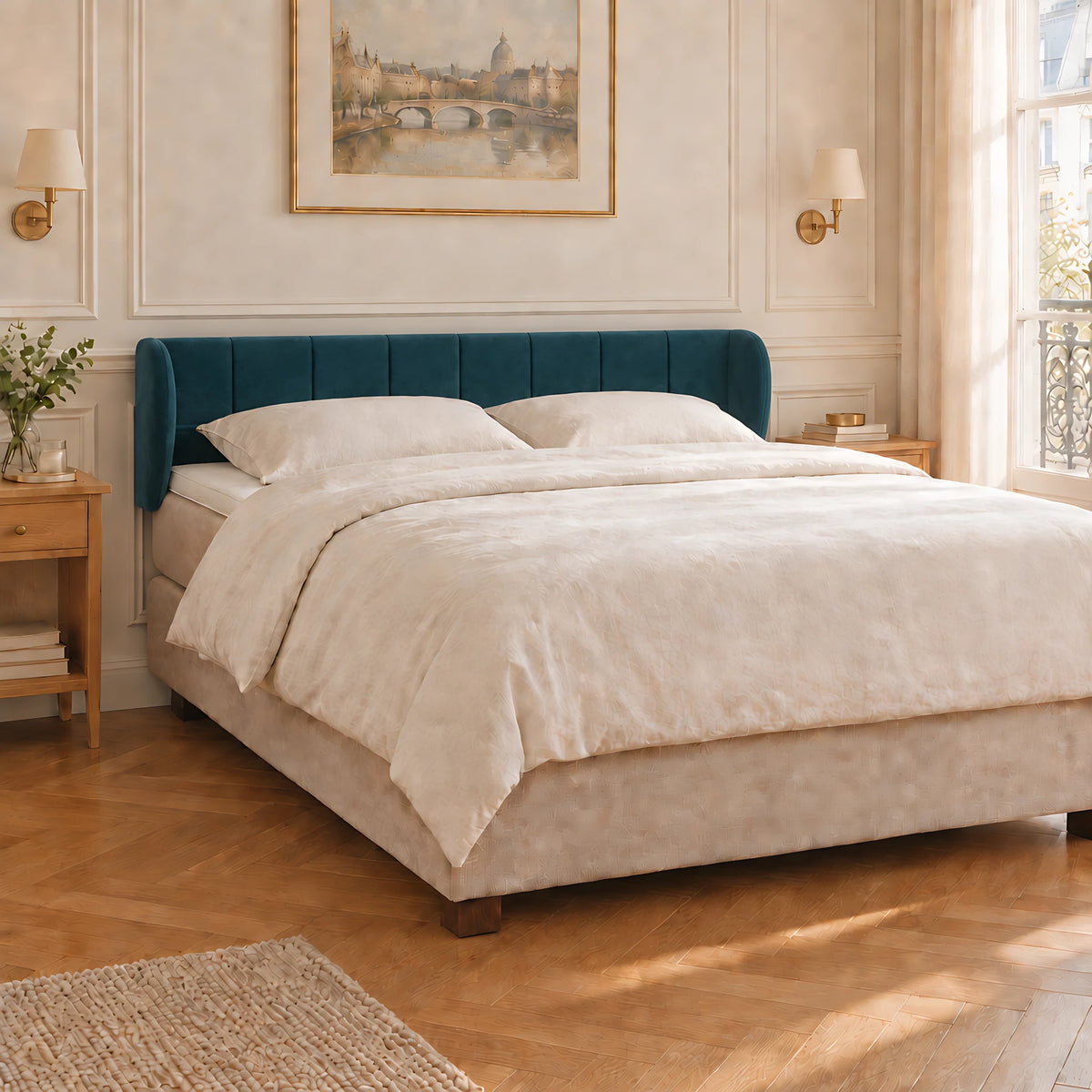 Tête de lit à oreilles en velours Passy bleu canard dans une chambre parisienne