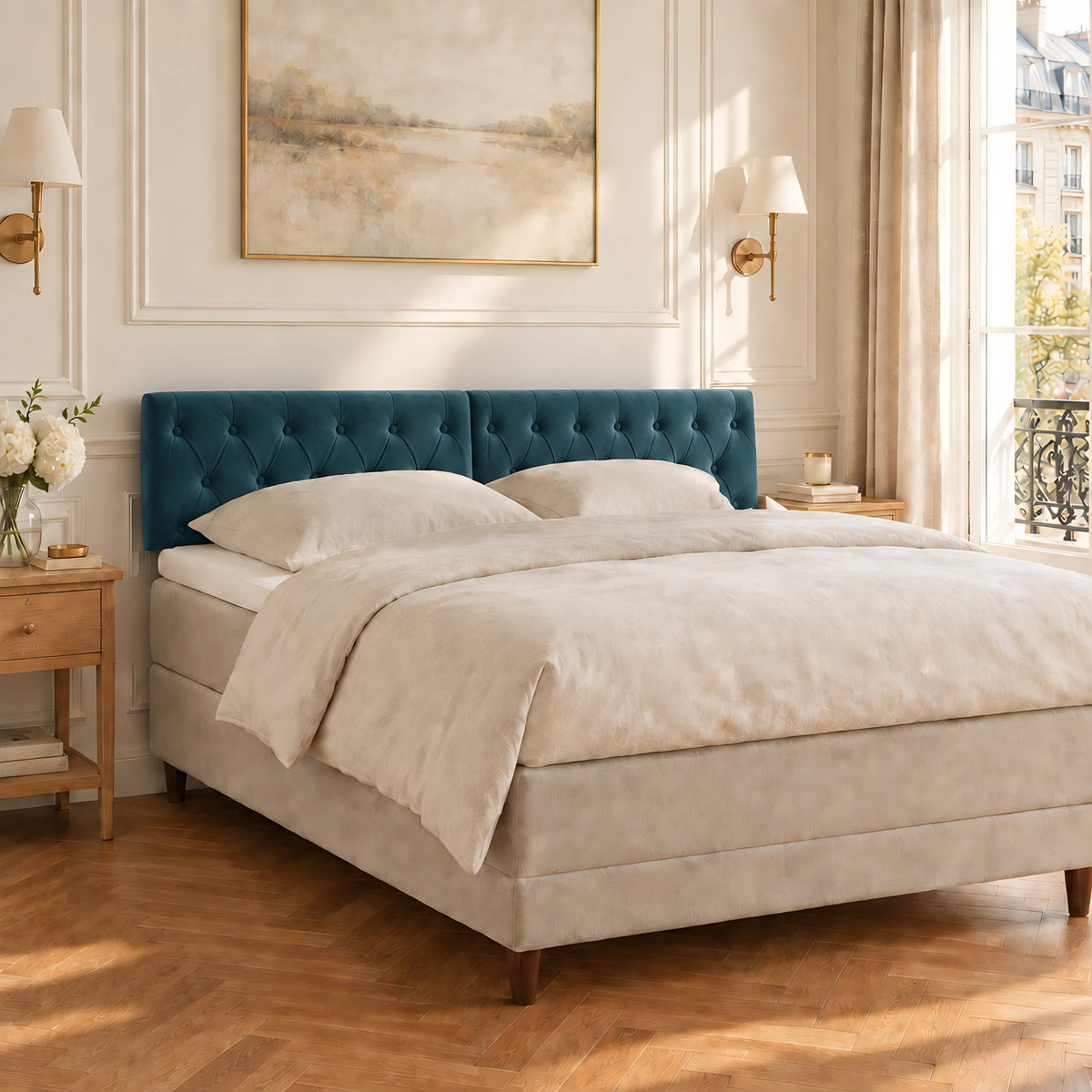 Tête de lit capitonnée en velours Alma bleu canard dans une chambre parisienne