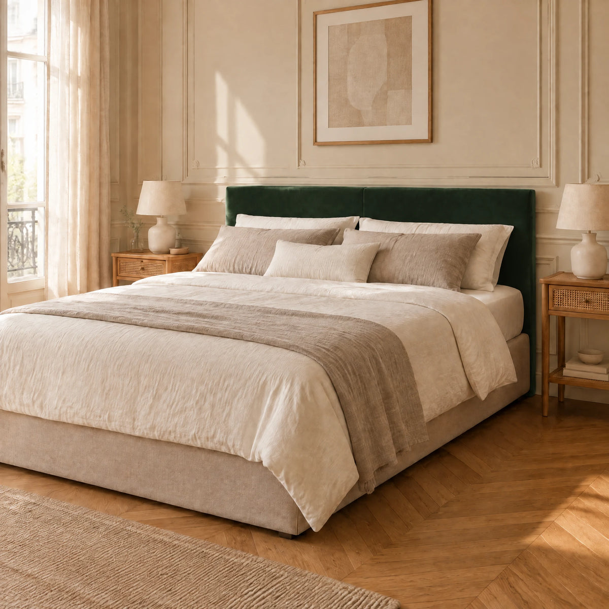 Tête de lit en velours lisse Cluny vert sapin dans une chambre parisienne