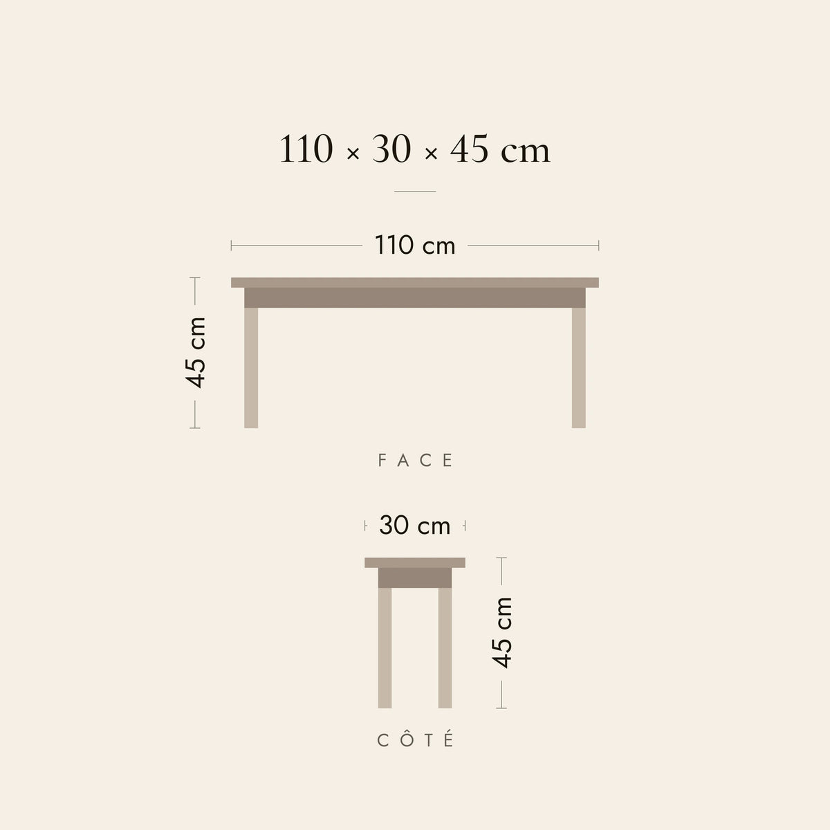 Dimensions du banc de lit Verdeau : 110 × 30 × 45 cm