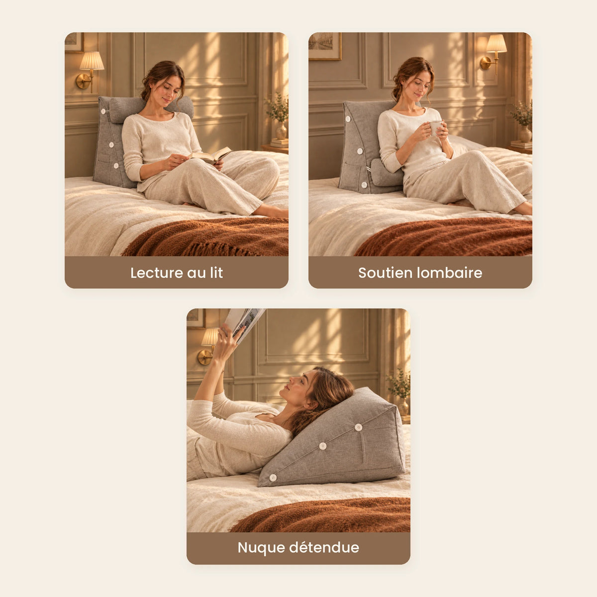 Trois usages du coussin Sorbonne : lecture au lit, soutien du bas du dos, nuque détendue