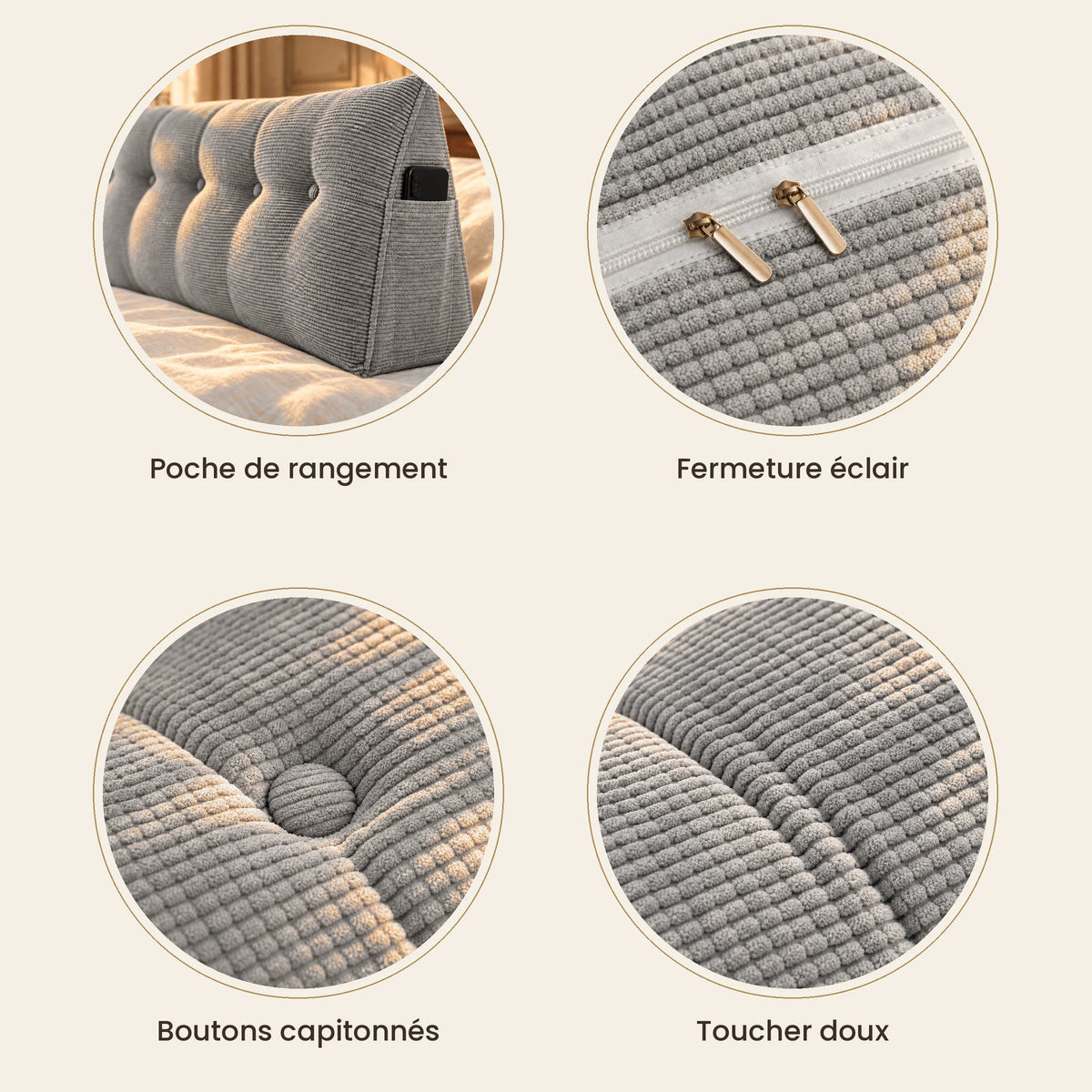 Détails du coussin Opéra : poche latérale, fermeture éclair, boutons capitonnés