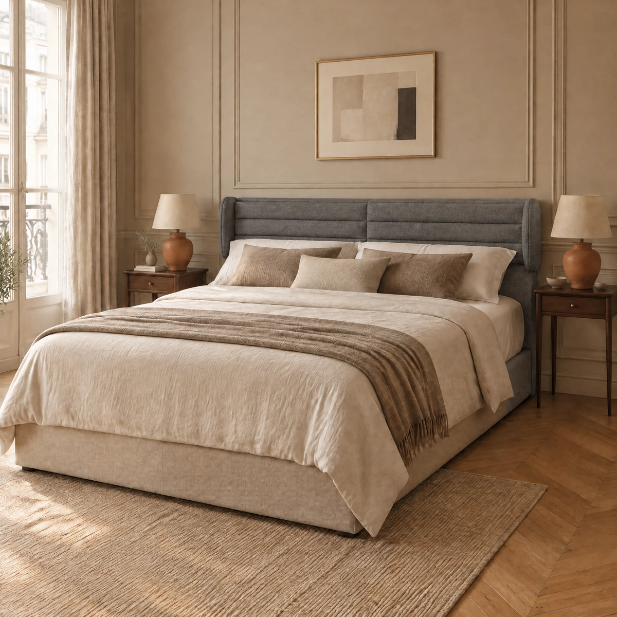 Tête de lit à oreilles en tissu Bagatelle gris anthracite dans une chambre parisienne