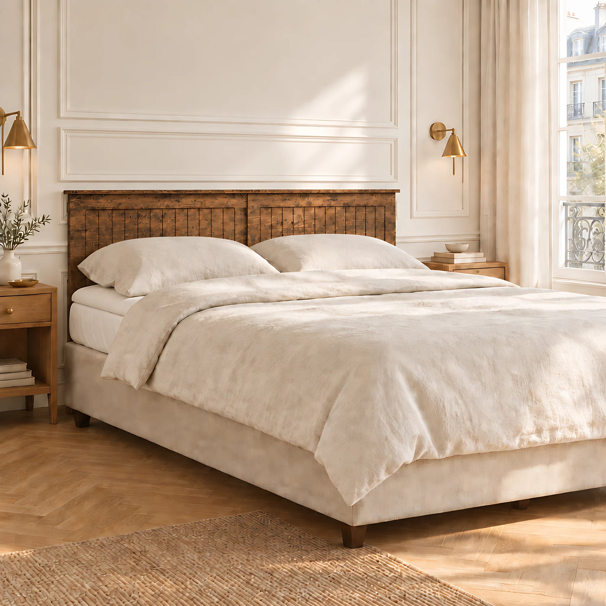 Tête de lit à poser Monceau finition bois vieilli dans une chambre chaleureuse