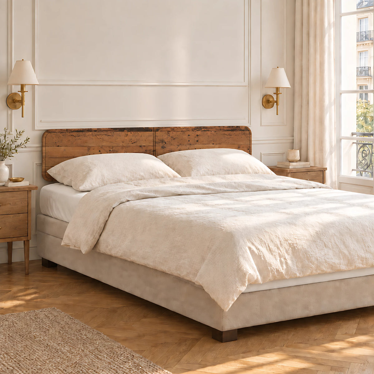 Tête de lit à poser Odéon finition bois vieilli dans une chambre lumineuse