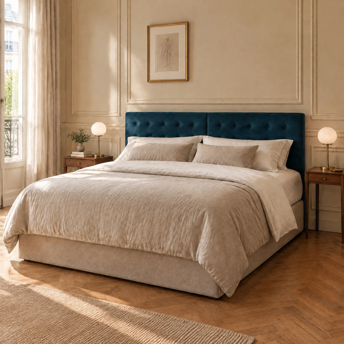 Tête de lit boutonnée en velours Dauphine bleu canard dans une chambre parisienne