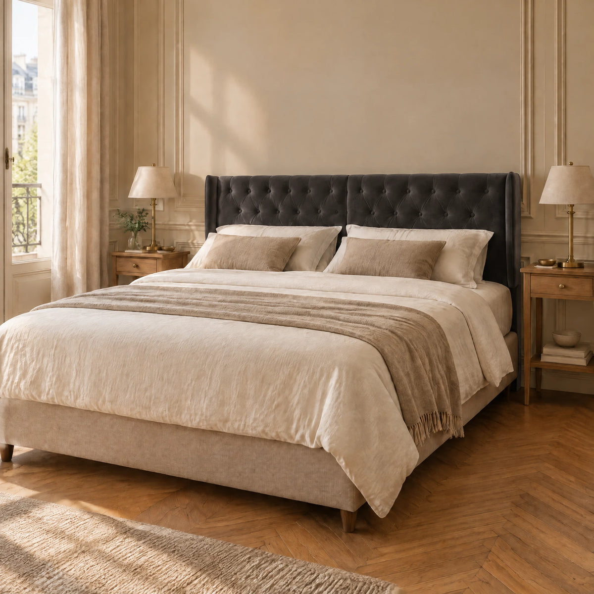 Tête de lit capitonnée à oreilles en velours Montaigne gris anthracite dans une chambre parisienne