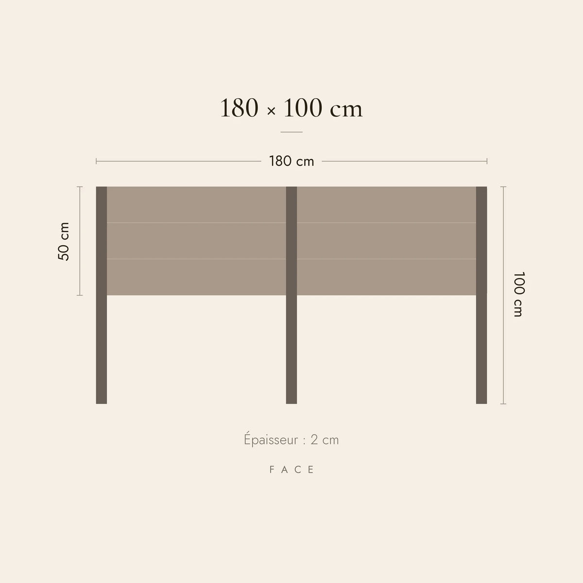 Dimensions de la tête de lit Champ-de-Mars pour un lit de 180 cm : 180 cm de large, 100 cm de haut