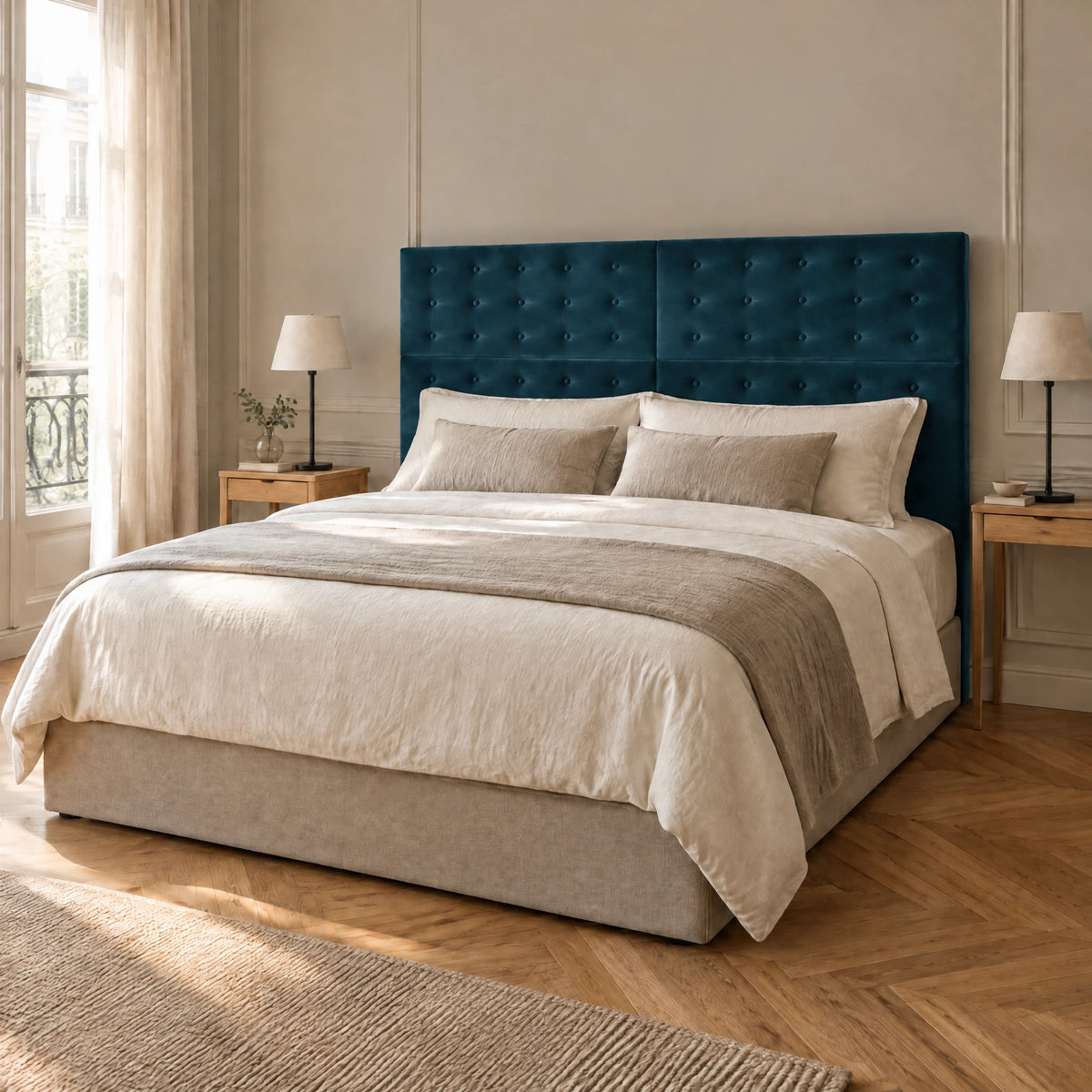 Tête de lit haute boutonnée en velours Invalides bleu canard dans une chambre parisienne