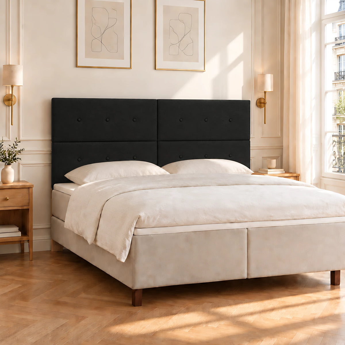 Tête de lit haute en tissu Bastille noir dans une chambre parisienne