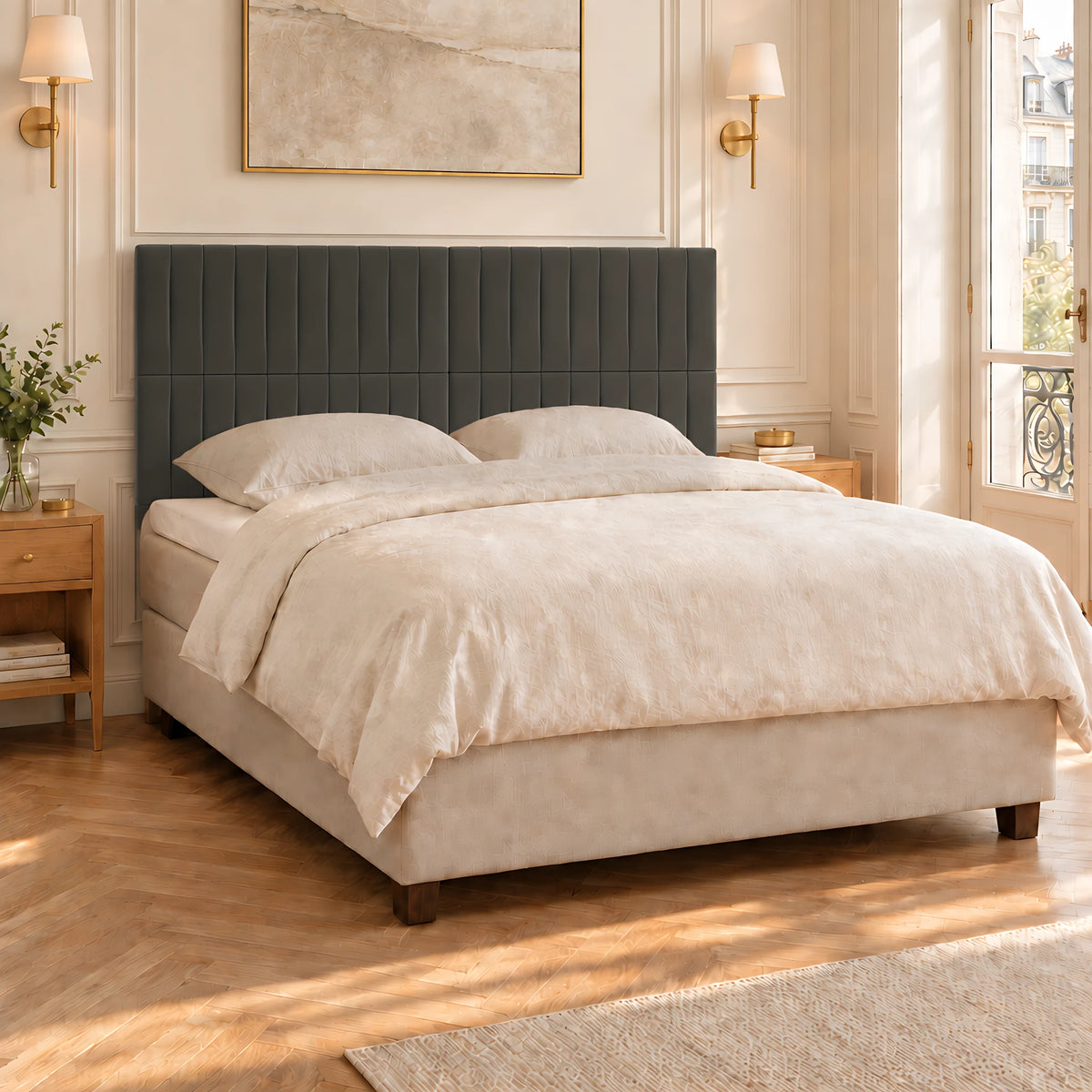 Tête de lit haute en velours à poser Étoile gris anthracite dans une chambre parisienne