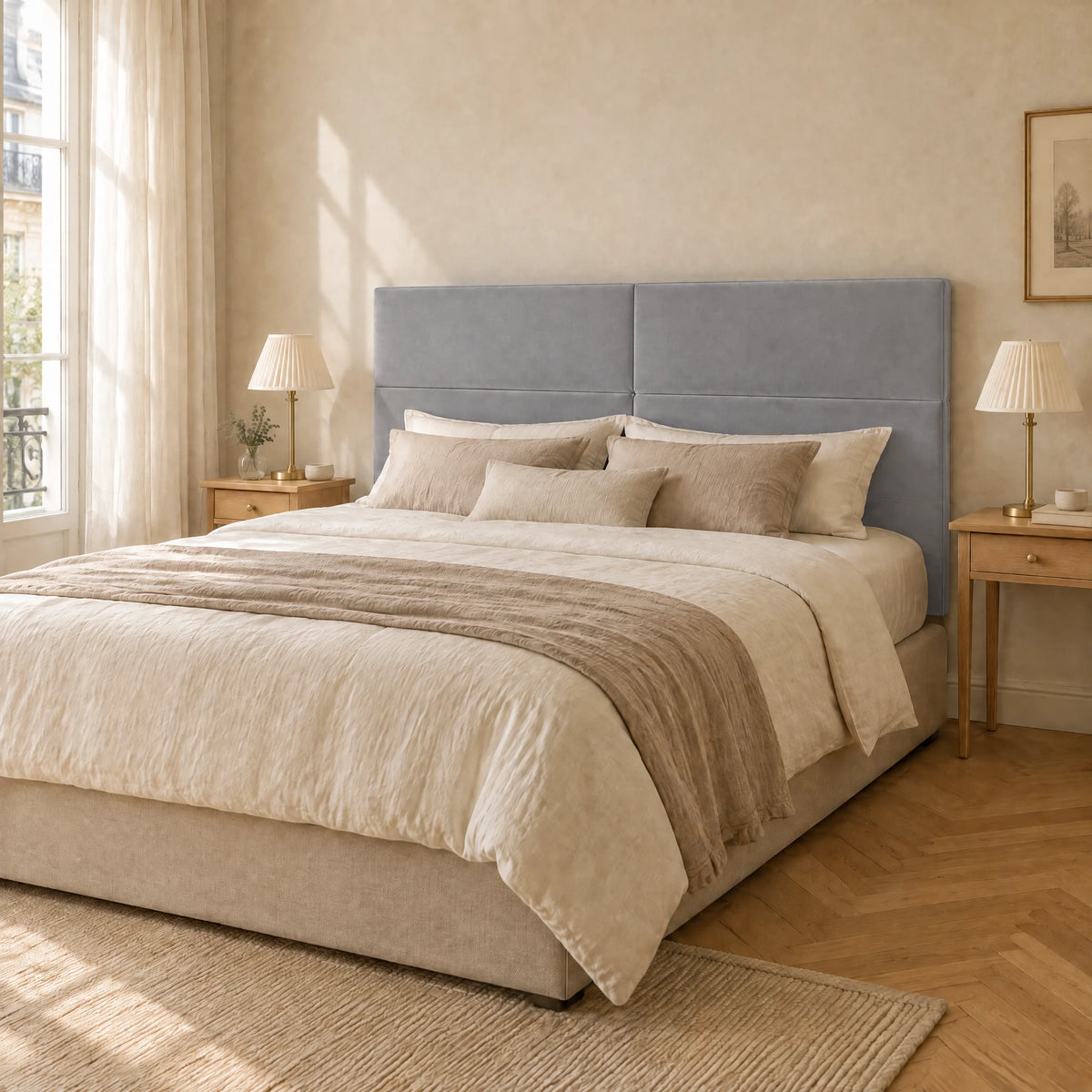 Tête de lit haute en velours lisse Châtelet gris clair dans une chambre parisienne