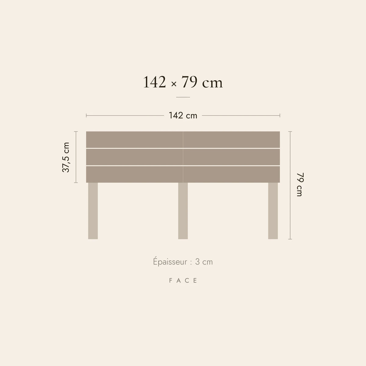 Dimensions de la tête de lit Muette pour un lit de 140 cm : 142 cm de large, 79 cm de haut