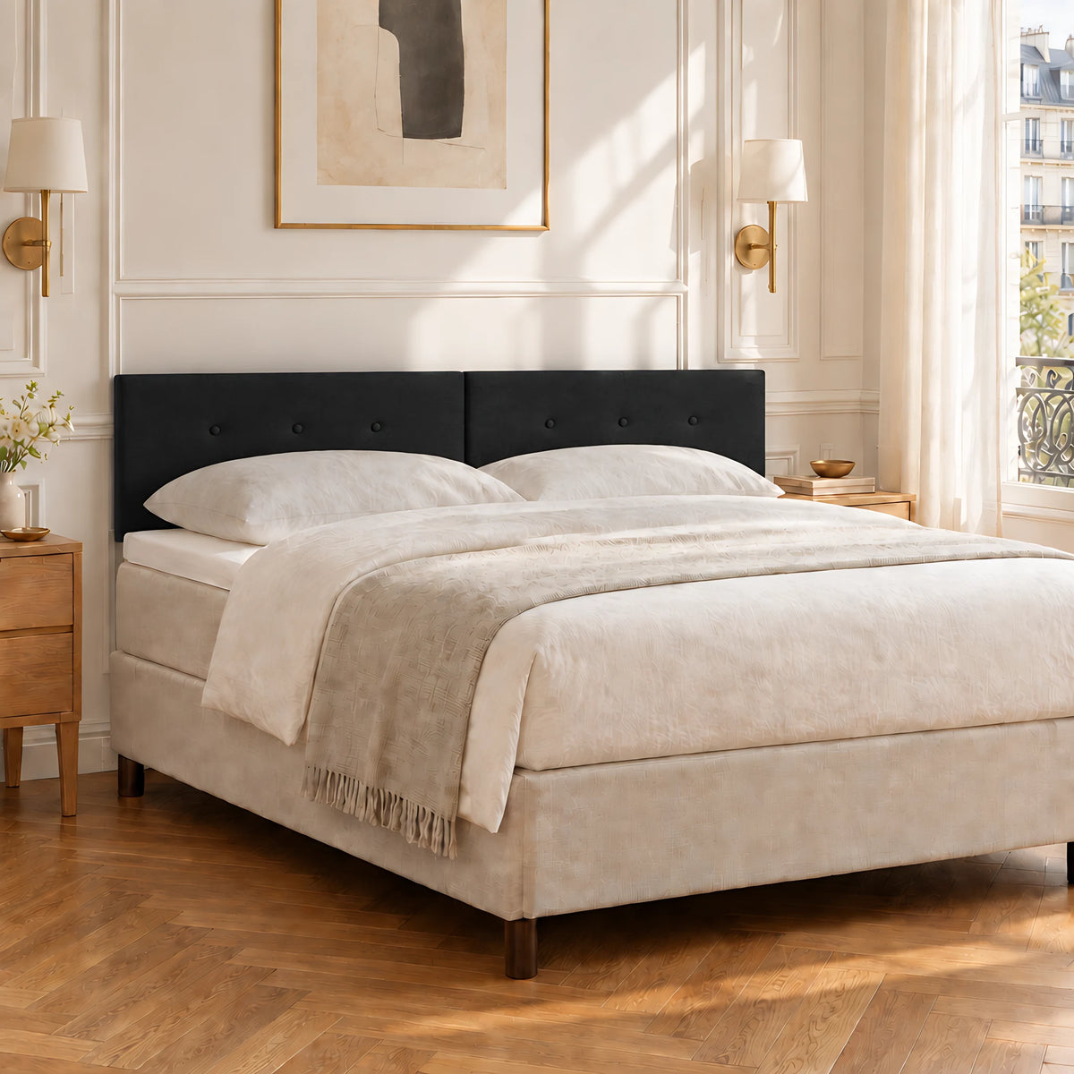 Tête de lit en tissu à poser Marais noir dans une chambre parisienne
