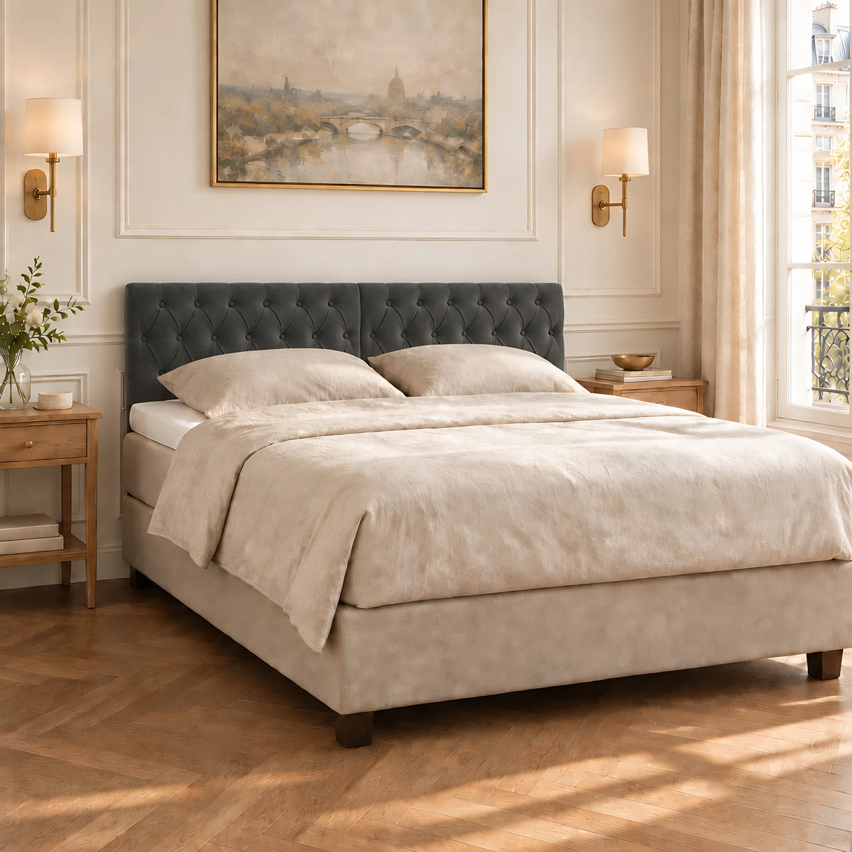 Tête de lit capitonnée en velours Alma gris anthracite dans une chambre parisienne