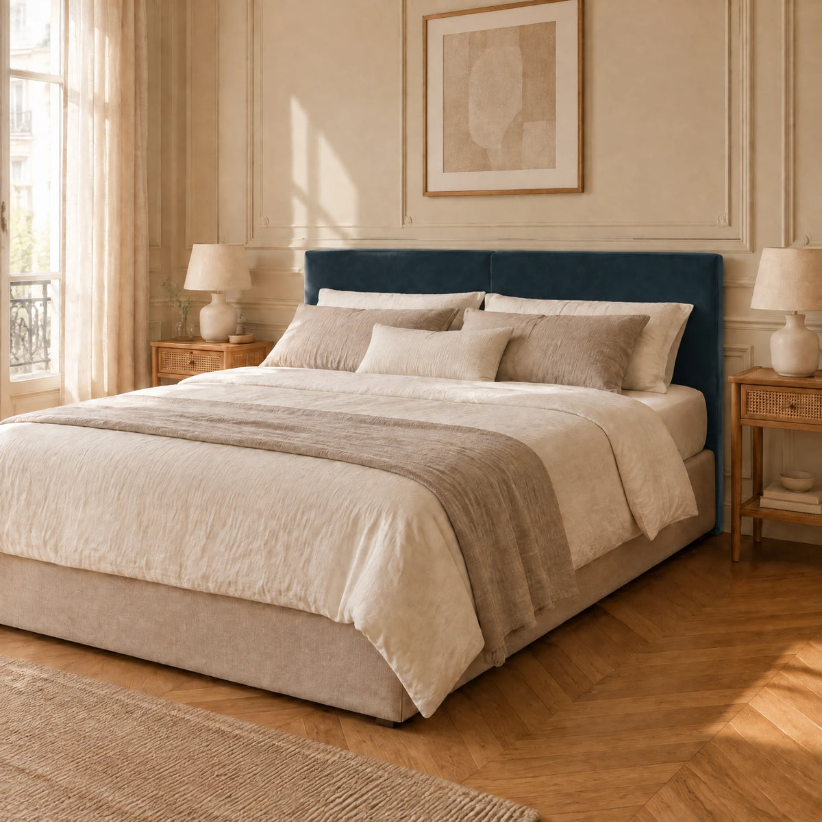 Tête de lit en velours lisse Cluny bleu canard dans une chambre parisienne