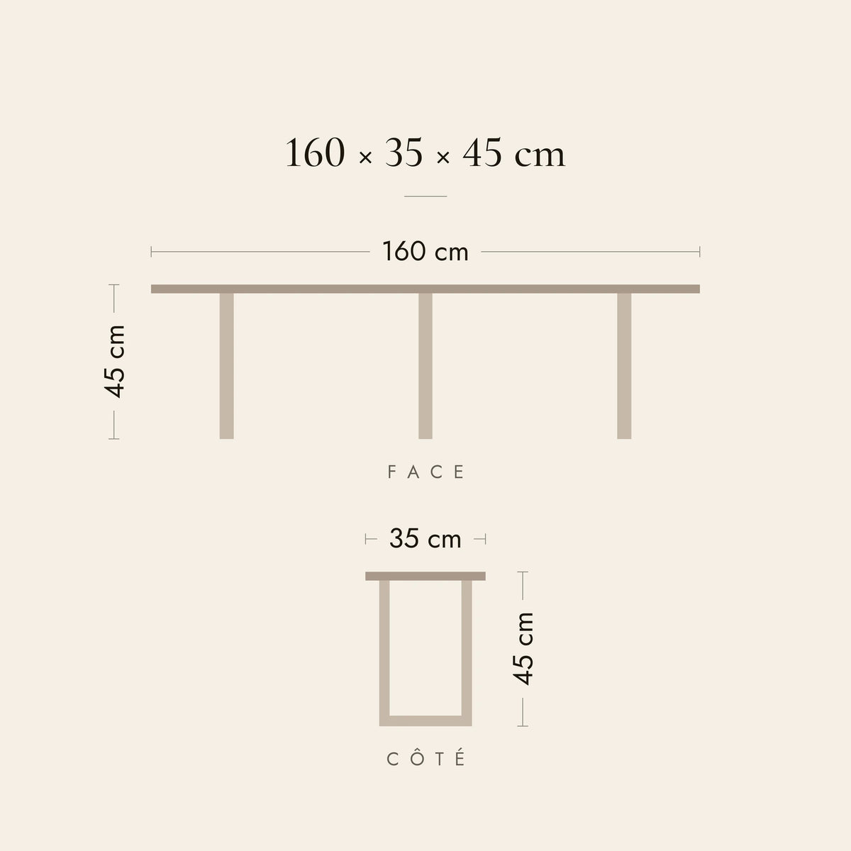 Dimensions du banc de lit Vivienne : 160 × 35 × 45 cm